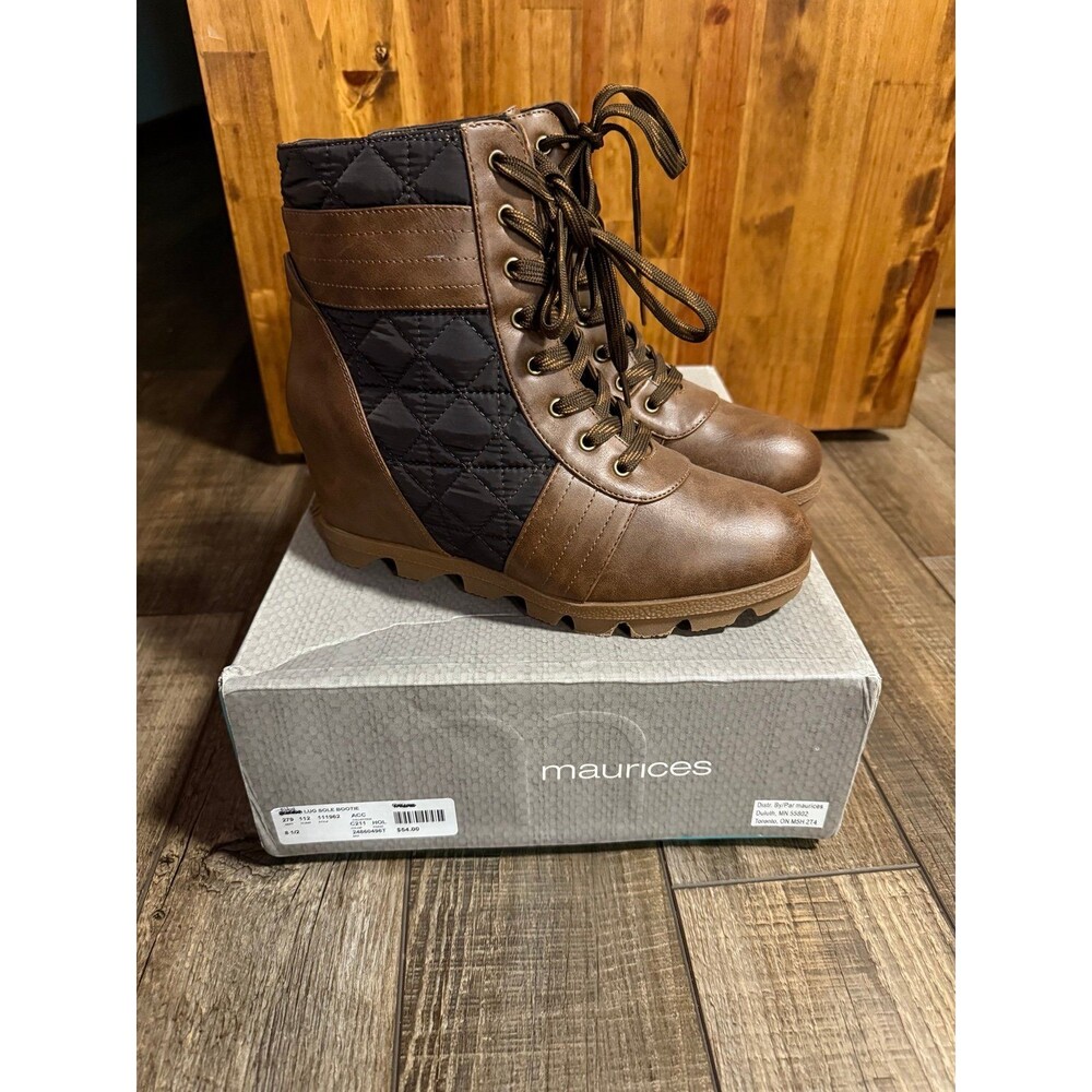 Maurices Abby Quilted Lace Up Wedge Bootie Sz. 8.5 New Brown